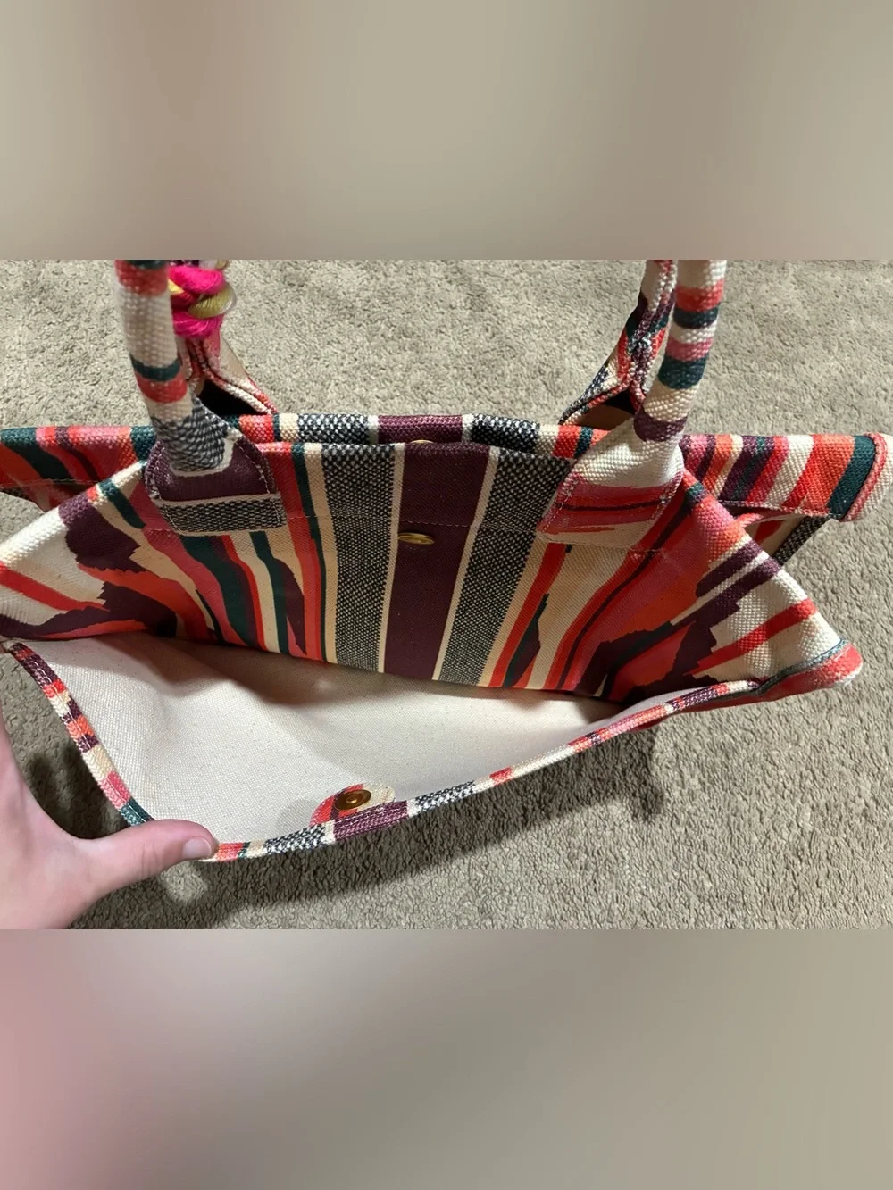Vince Camuto Orla Cotton Canvas Stripe Large Tassel Tote Bag Pink Multi - Picture 6 of 16